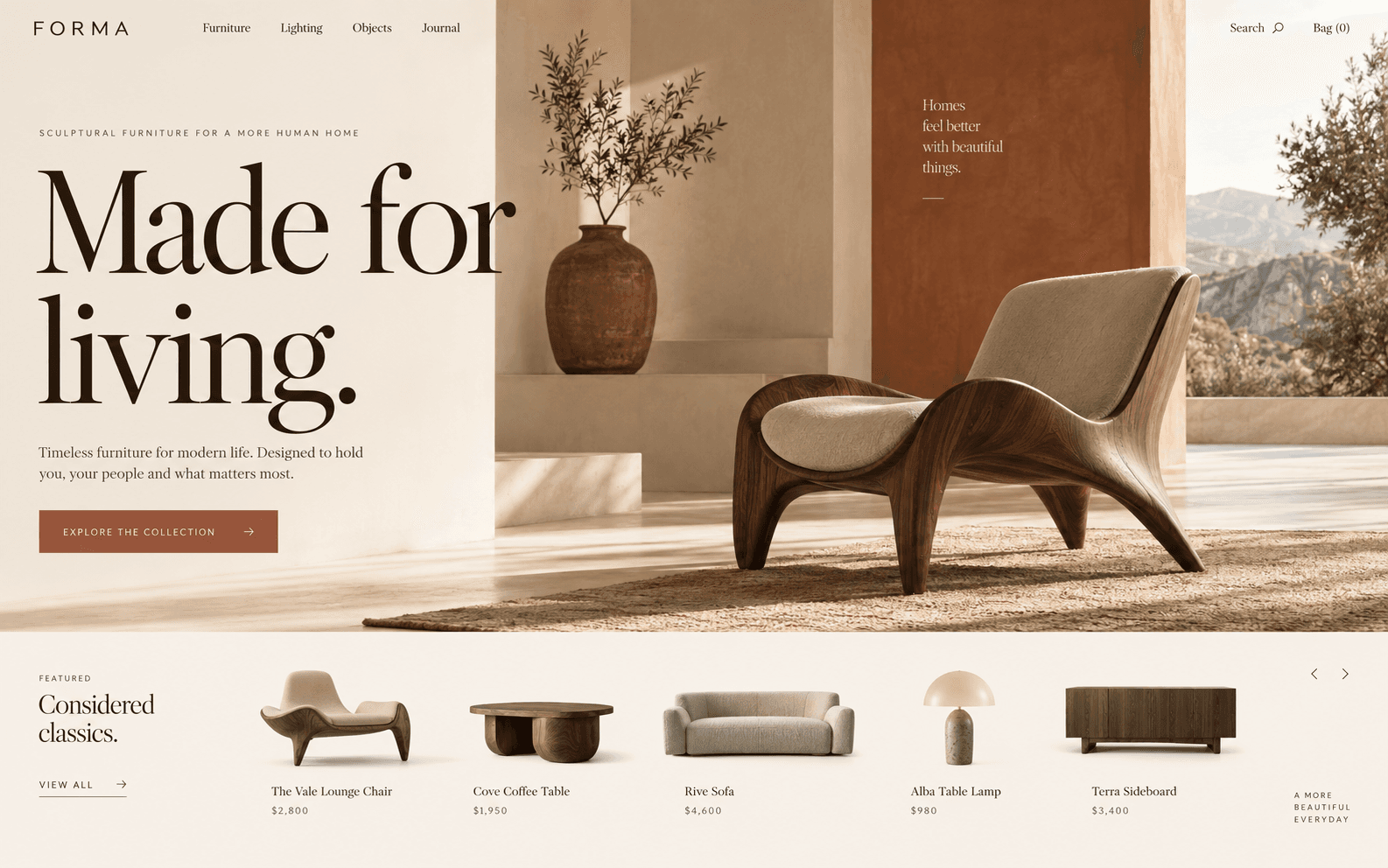 Forma concept website with warm editorial typography and sculptural furniture